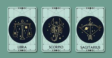 Libra, Escorpión, y Sagitario zodíaco símbolos lineal sencillo estilo rodeado por Luna fase en ligero verde fondo, lujo, esotérico, y boho estilos. ajuste para paranormal, tarot lectores vector