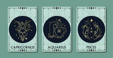 Capricornus, Aquarius, and Pisces zodiac symbols linear simple style surrounded by moon phase on light green background, luxury, esoteric, and boho styles. Fit for paranormal, tarot readers vector