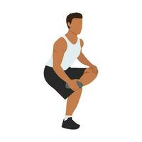 Man stretching thigh with standing hamstring stretch. Flat vector