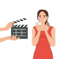 Woman movie star is embarrassed sees clapboard passing casting call for role in popular series or tv show. Movie star girl waving hands, not wanting to film or answer questions from reporters vector