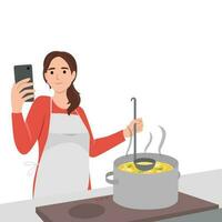 mujer Cocinando sopa a cocina con en línea receta en Teléfono móvil. sonriente moderno madre preparando comida utilizando libro de cocina o solicitud en móvil. plano vector