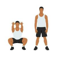 Man doing air squat in 2 steps in front view. Flat vector