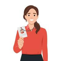 positivo mujer muestra Insignia con foto de personal datos emitido para utilizar en oficina de corporación. casual niña con sonrisa y orgullo demuestra documento a empleado compañía. plano vector