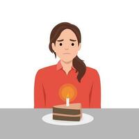 Young woman sits at table with piece cake with candle and suffers from absence of relatives and friends. Unhappy mother celebrates birthday alone in need of support vector
