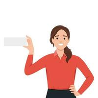 Cute businesswoman isolated on white. She is holding a piece of paper. Flat vector