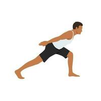 Man doing high lunge to forward bend with hands folded on the back exercise. Flat vect vector