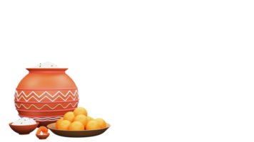 3D Rendering Of Pongal Food In Clay Pots With Indian Sweet Plate, Lit Oil Lamp Element. png