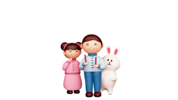 3D Illustration Of Cheerful Chinese Kids With Cartoon Bunny Standing Together Against Background. png