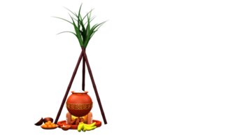 3D Render Pongal Dish Cooking In Clay Pot At Earthen Stove With Sugarcanes, Indian Sweet, Fruit, Lit Oil Lamp Element. png