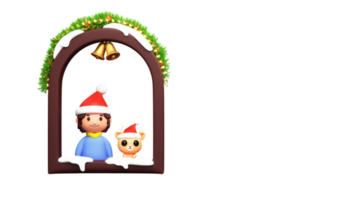 3D Render Of Cartoon Girl With Reindeer Wearing Santa Hat Looking Out From Decorative Window Illustration. png