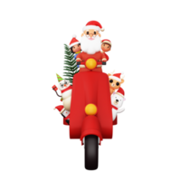 3d rendre de Père Noël claus équitation scooter avec enfants, marrant animal, bonhomme de neige et Noël arbre pour joyeux Noël concept. png