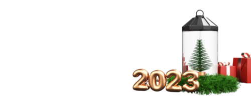 3D Render Of Bronze Foil 2023 Number With Xmas Tree Inside Lantern, Gift Boxes And Green Tinsel Element. png