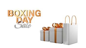 3D Render Boxing Day Sale Text With Realistic Gift Boxes And Shopping Bag.  Advertising Banner Design. png