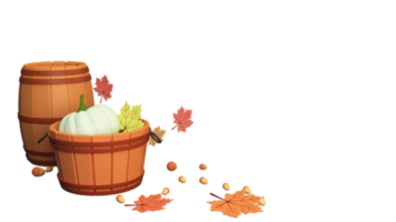 3D Render Wood Basket Full Of Pumpkin With Maple Leaves, Acorns, Barrel Against Background And Copy Space. png