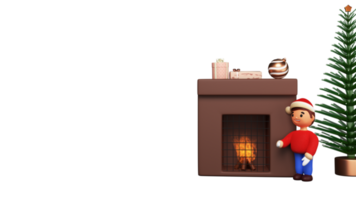 3D Render Of Boy Wearing Santa Hat And Fireplace Arch Against Background With Copy Space. png