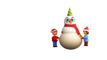 3D Render Of Cute Snowman With Cheerful Kids Wearing Santa Hat Against Background And Copy Space. png