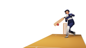 3D Render Of Cricket Batter Player Hitting Ball Over Pitch Background And Copy Space. png