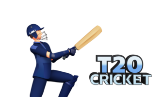 3D Render T20 Cricket Text With Batter Player In Playing Pose Against Background. png