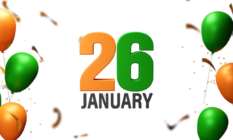 3D Illustration 26 January Text With Glossy Balloons In Saffron And Green Color On Blur Confetti Background. png