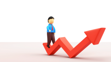 3D Businessman Standing On Growth Arrow Illustration. png