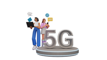 3d 5g texte plus de néon podium avec Jeune femmes en utilisant haute la vitesse réseau dans leur dispositifs. png