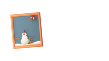 3D Cartoon Snowman Wearing Santa Hat With Golden Reindeer, Jingle Bell Inside Frame And Copy Space. png