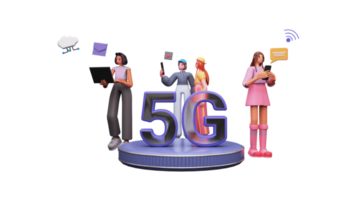 3D Young Women Using High Speed 5G Network In Their Devices Against Background. png