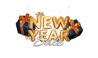 Golden And Silver Foil New Year Sale Text With Snowflakes And 3D Gift Boxes Against Background. Advertising Banner Design. png