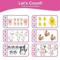 Math educational game for children. Count and circle worksheet. Learning how to count and match images with number. Educational printable math. Vector file.