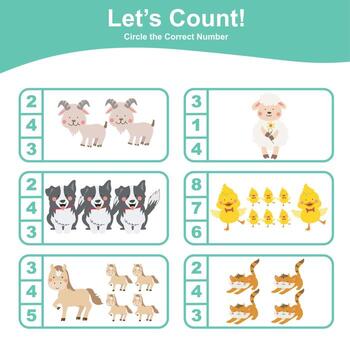 Math educational game for children. Count and circle worksheet. Learning how to count and match images with number. Educational printable math. Vector file.