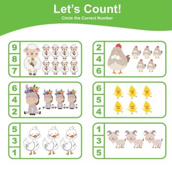 Math educational game for children. Count and circle worksheet. Learning how to count and match images with number. Educational printable math. Vector file.