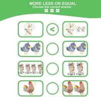 Math educational game for children. Choose more, less or equal game. Educational printable math worksheet. Vector file.