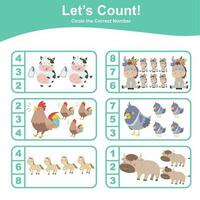 Math educational game for children. Count and circle worksheet. Learning how to count and match images with number. Educational printable math. Vector file.