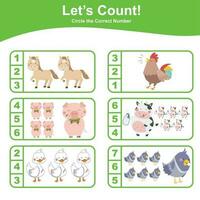 Math educational game for children. Count and circle worksheet. Learning how to count and match images with number. Educational printable math. Vector file.