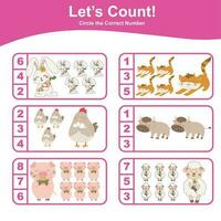 Math educational game for children. Count and circle worksheet. Learning how to count and match images with number. Educational printable math. Vector file.