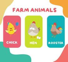 Cute farm animal flashcards for children. Printable colourful game cards. Animal names vocabulary. Vector illustration.