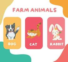 Cute farm animal flashcards for children. Printable colourful game cards. Animal names vocabulary. Vector illustration.