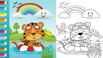 Vector cartoon of funny tiger swimming with buoy in river on scenic background, coloring book or page