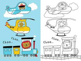 Group of transport vehicle with funny animals, coloring book or page for kids vector