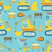 Vector seamless pattern of funny construction vehicles cartoon with construction signs, construction elements