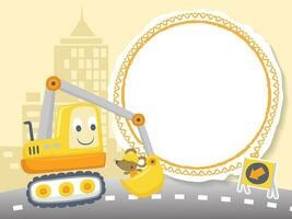 Vector cartoon of construction elements, round banner with funny excavator and mouse on buildings background