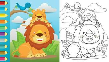 Vector cartoon of lion and it cub on blue sky background, a bird perch on tree branches, coloring book or page