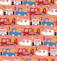 Seamless pattern vector of emergency vehicles cartoon with traffic elements