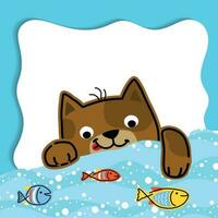 Vector cartoon of funny cat try to catch fish on banner background