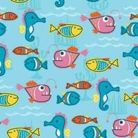 Seamless pattern vector of marine animals cartoon on blue water background