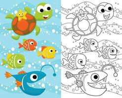 Vector cartoon of funny marine animals. Coloring book or page for kids