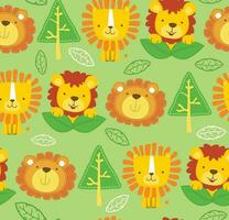 Seamless pattern vector of funny lion cartoon with leaves and trees