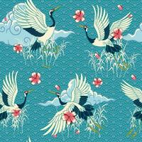 Seamless Vintage Japanese Heron pattern design vector