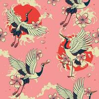 Vintage Pink Seamless Japanese Heron Pattern art vector