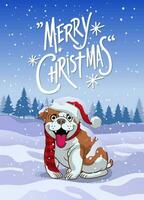 Cartoon Bulldog in the Middle of Christmas Winter vector